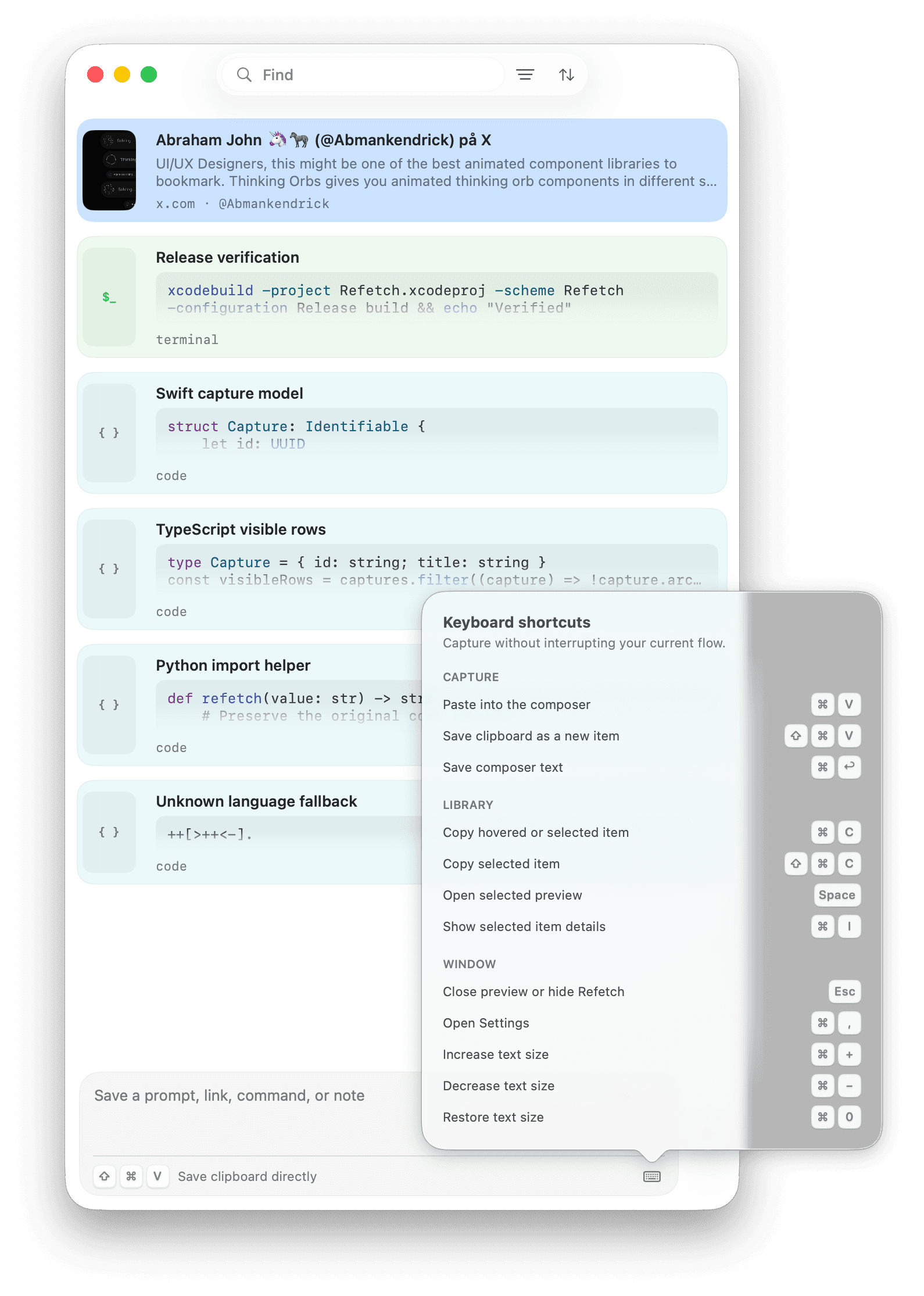 The keyboard reference shown inside the Refetch app