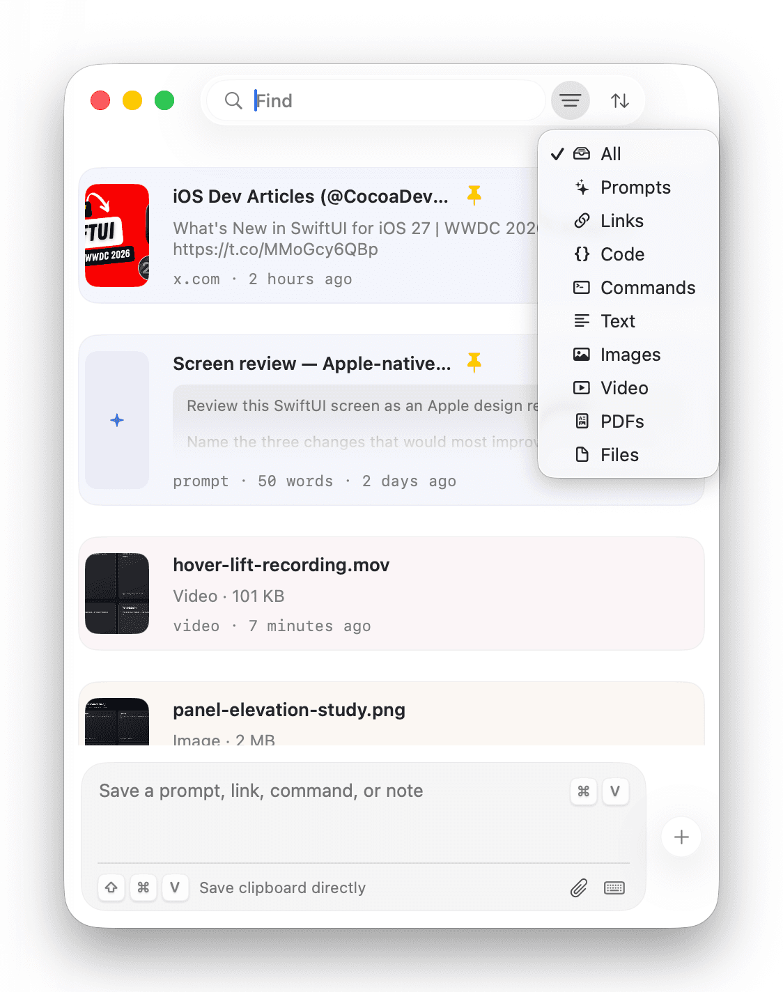 Filter and sort live in the toolbar, not on the rows