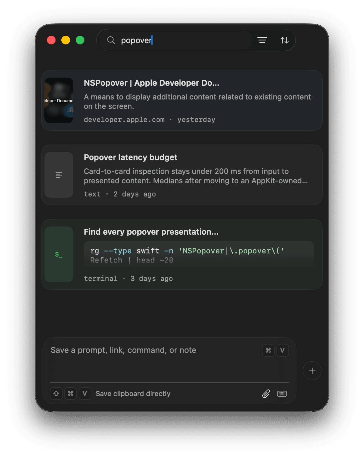 Incremental search · three hits across link, text and command